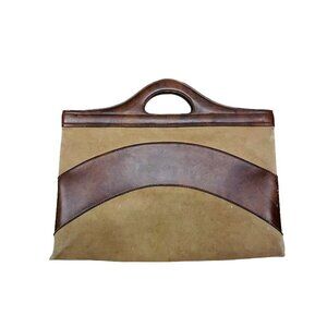 Vintage Hand Suede Bag Tan and Brown Suede Leather Cut Out Neutral Toned 17" x 9